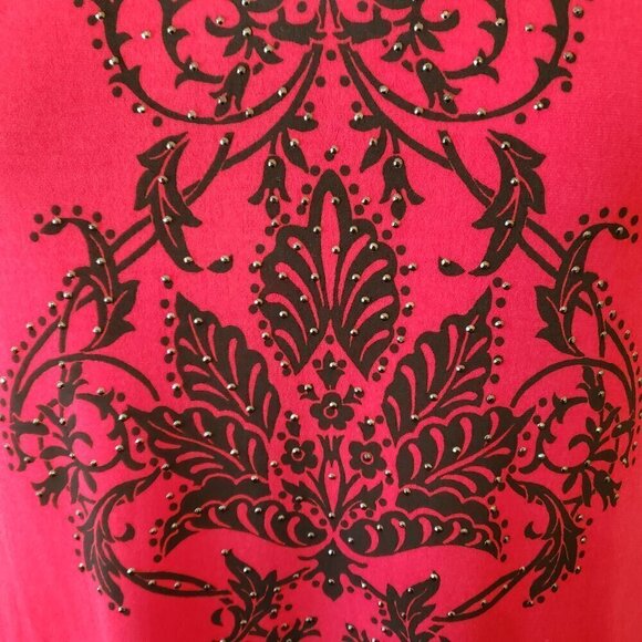 JM Collection Red Hot & Black Beaded Blouse Sheer Bell Sleeves, Size XL - Picture 4 of 9